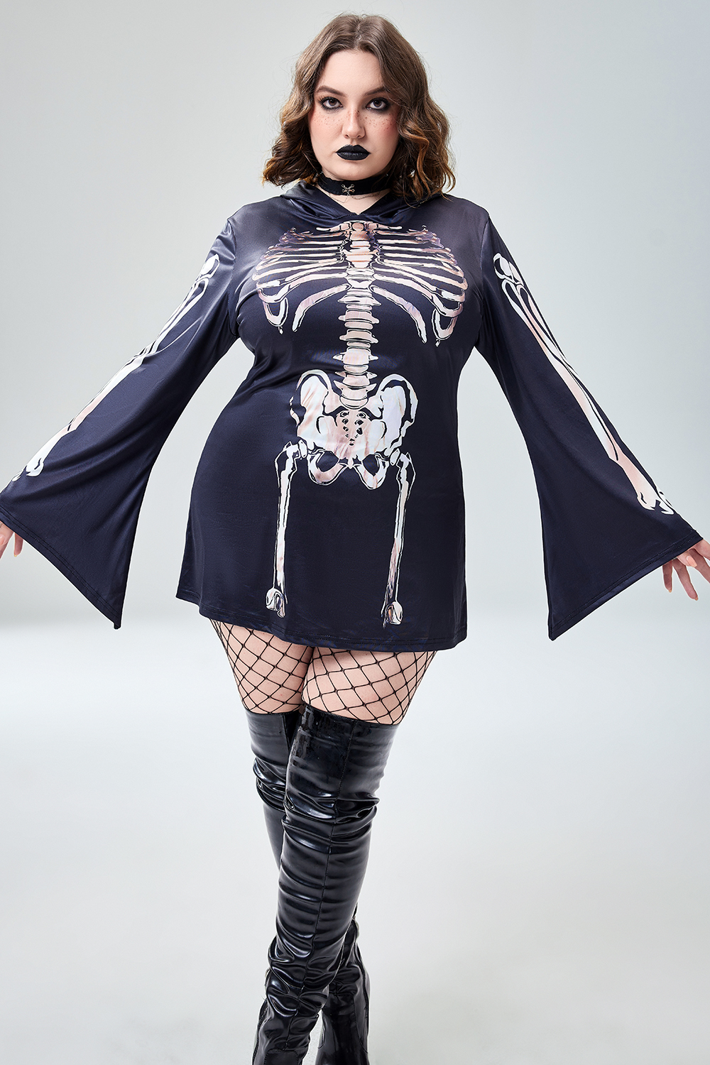 Xpluswear Design Plus Size Casual Halloween Costume Gothic Black Skeleton Print Trumpet Sleeve Knitted Mini Dress
