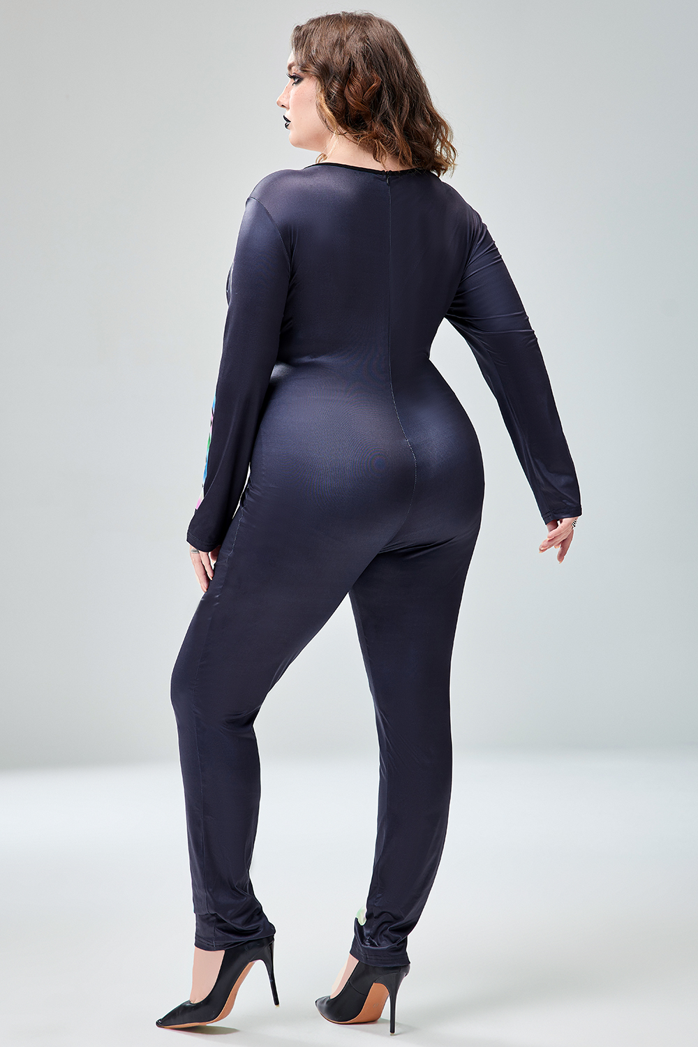 Xpluswear Design Plus Size Halloween Costume Gothic Skeleton Print Long Sleeve Round Neck Jumpsuit [Pre-Order]