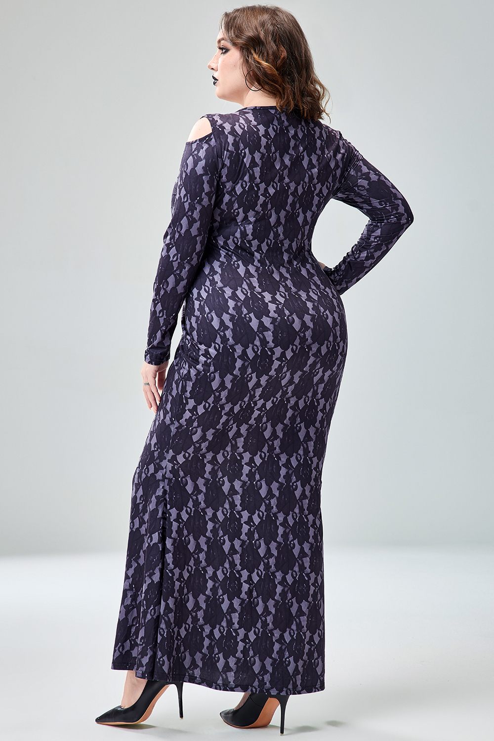 Xpluswear Design Plus Size Halloween Costume Black Skeleton Print Long Sleeve Knitted Maxi Dress