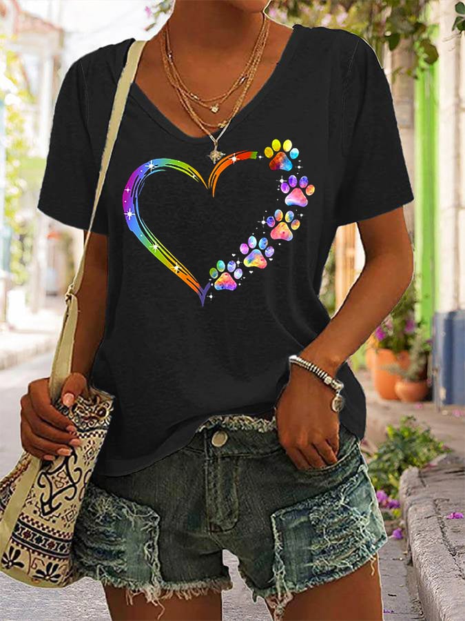 Women's Beautiful Colorful Heart Paw Print V-Neck Tee