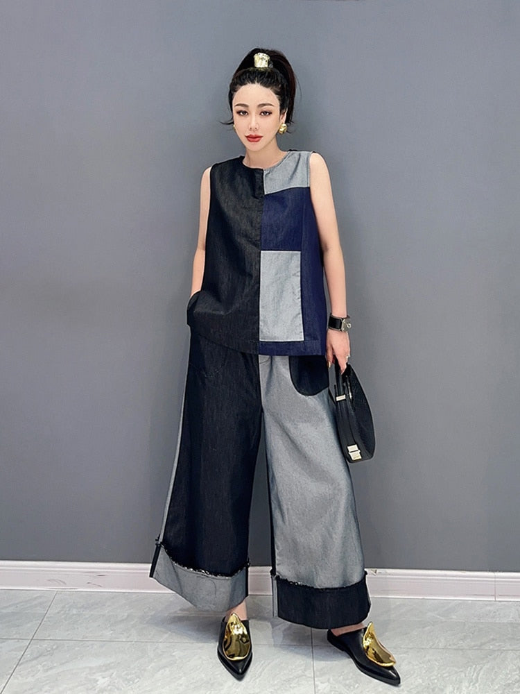 Everyday Chic Two Tone Denim Top & Wide Leg Pants 2-Piece Set