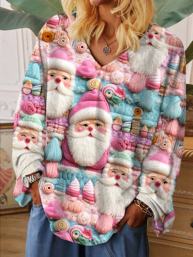 Women's Pink Santa Print V-Neck Loose Top