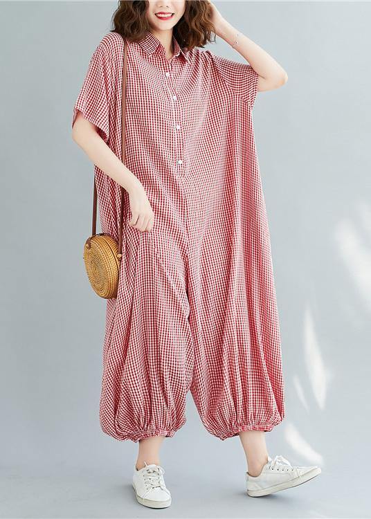 Bohemian red plaidpant Thin summerSewing wild jumpsuit