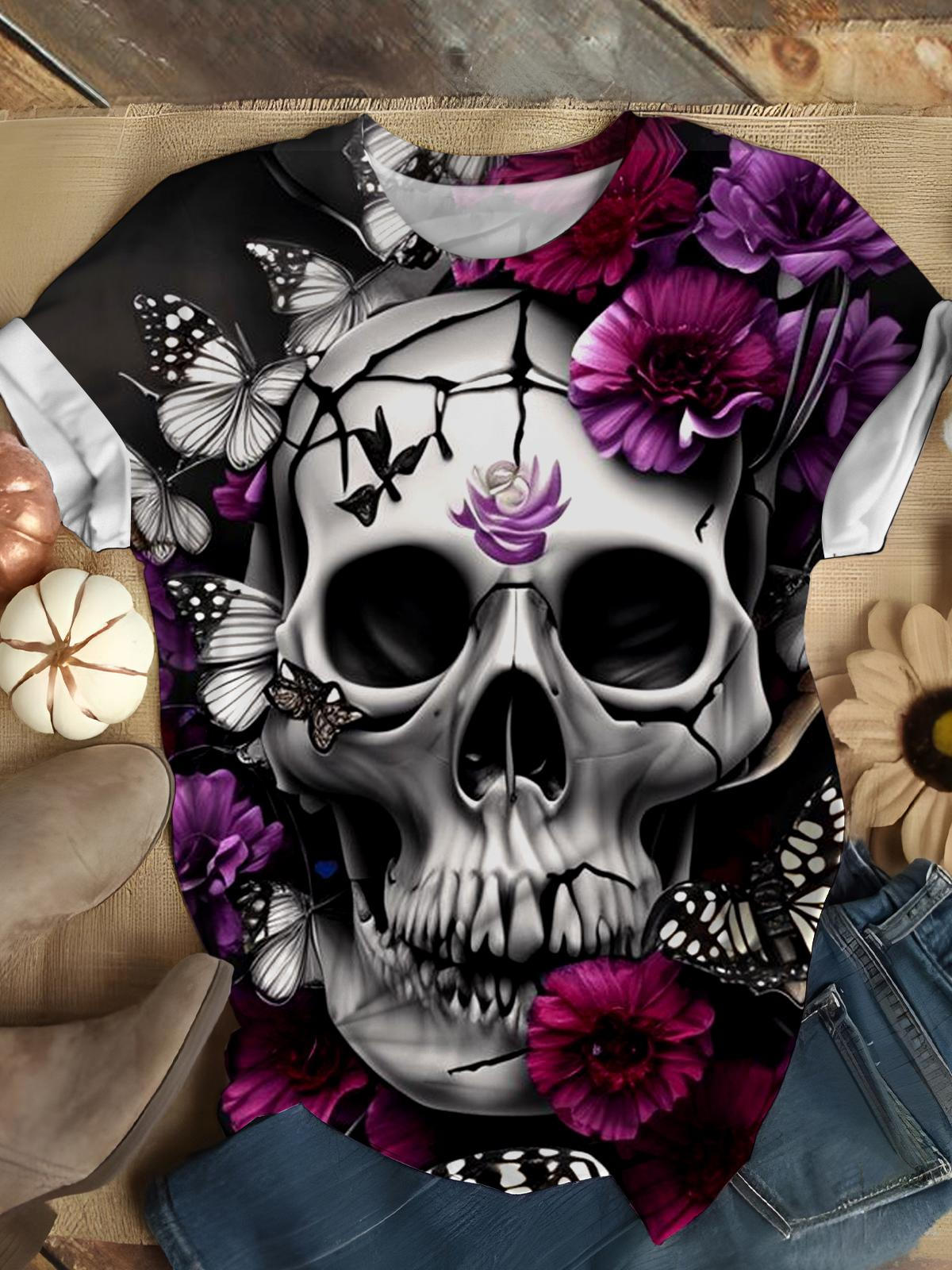 Darkness Skull Flower Butterfly T-Shirt