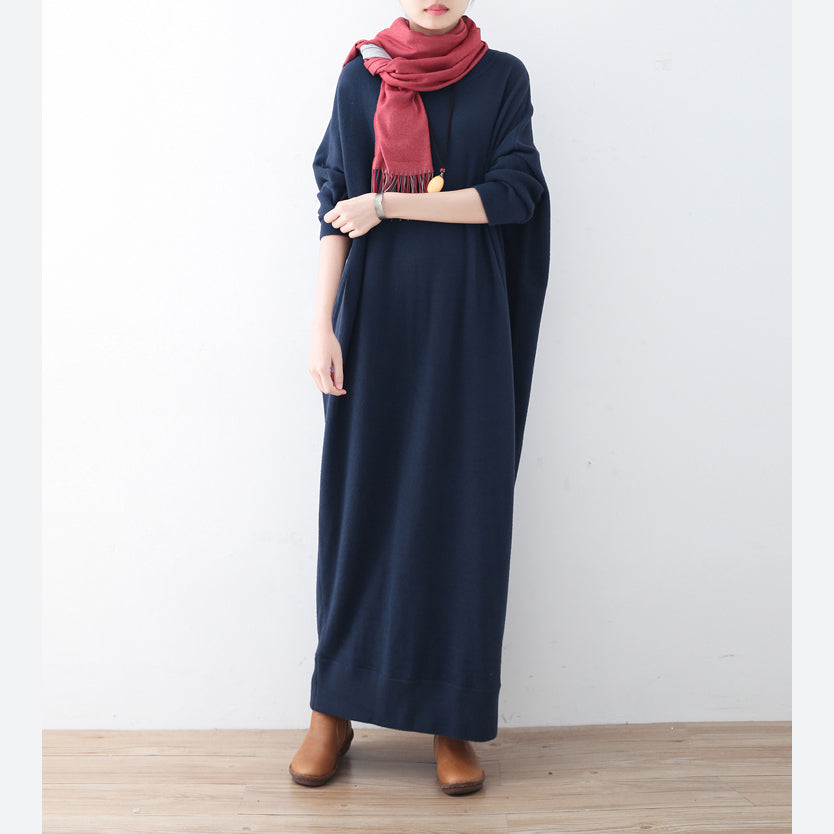 vintage blue knit dress plussize winter dresses Fine batwing sleeve winter dress