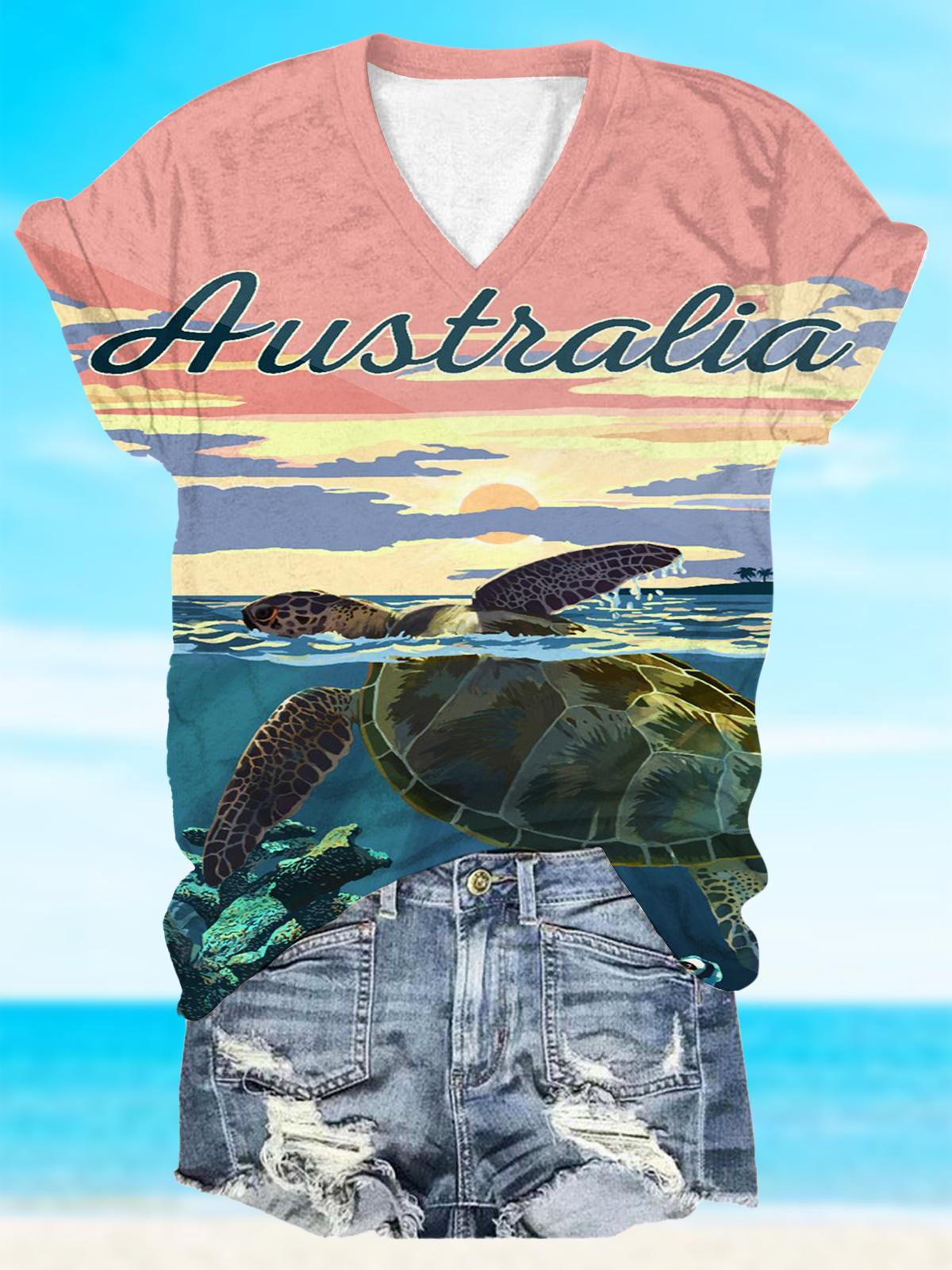 Australia Sea Turtles Print V Neck T-Shirt