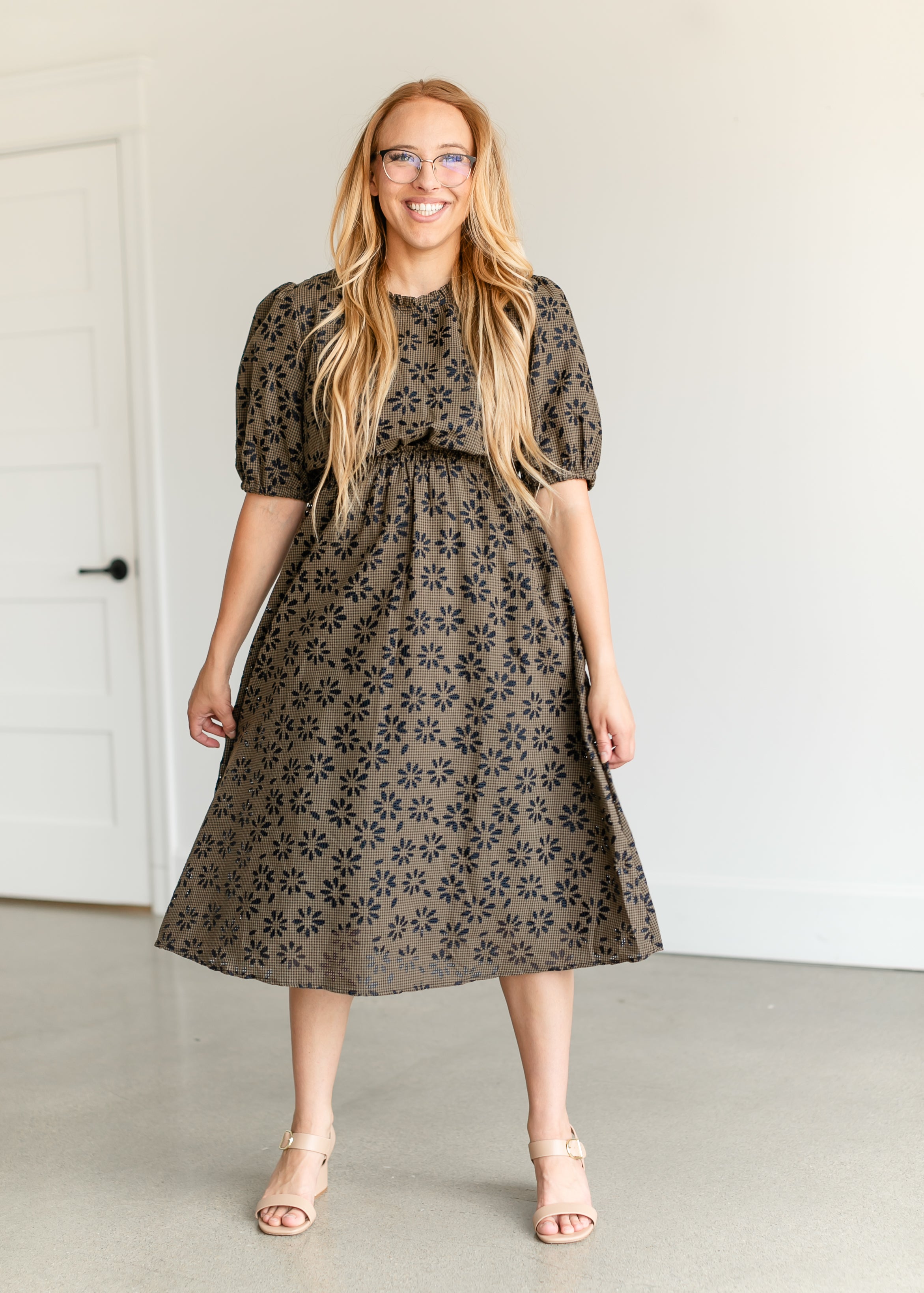 Gingham Floral Puff Sleeve Midi Dress