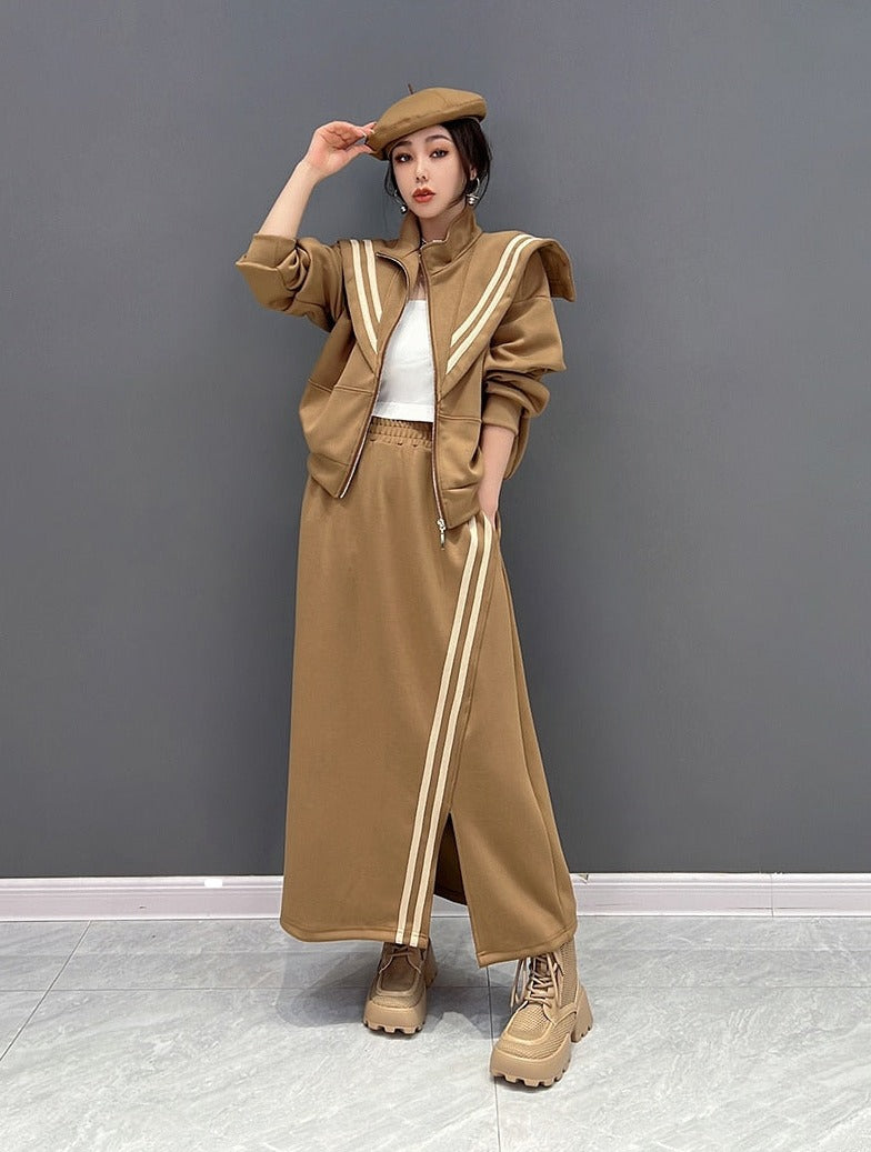 Ella Luxe Oversized Collar Top & Elastic Waist Skirt 2-Piece Set