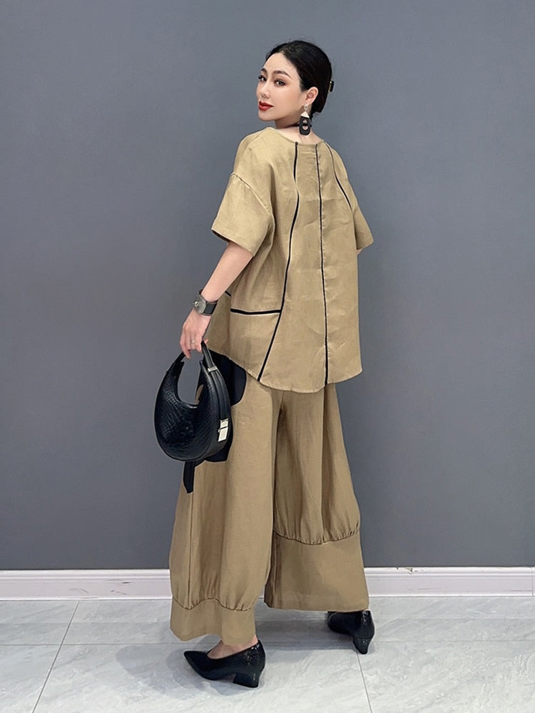 Khaki Short Sleeve Floral Tunic Top & Wide Leg Pants 2-Piece Set