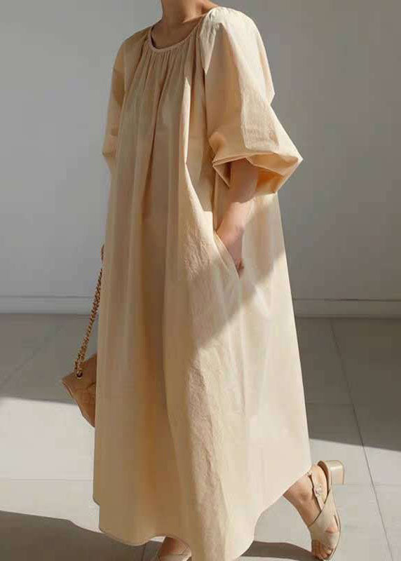 Simple Beige Cotton Pockets Casual Holiday Dress Spring