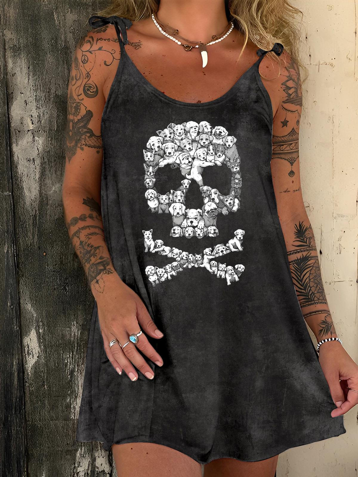 Skull Dog Print Lace-Up Spaghetti Strap Dress