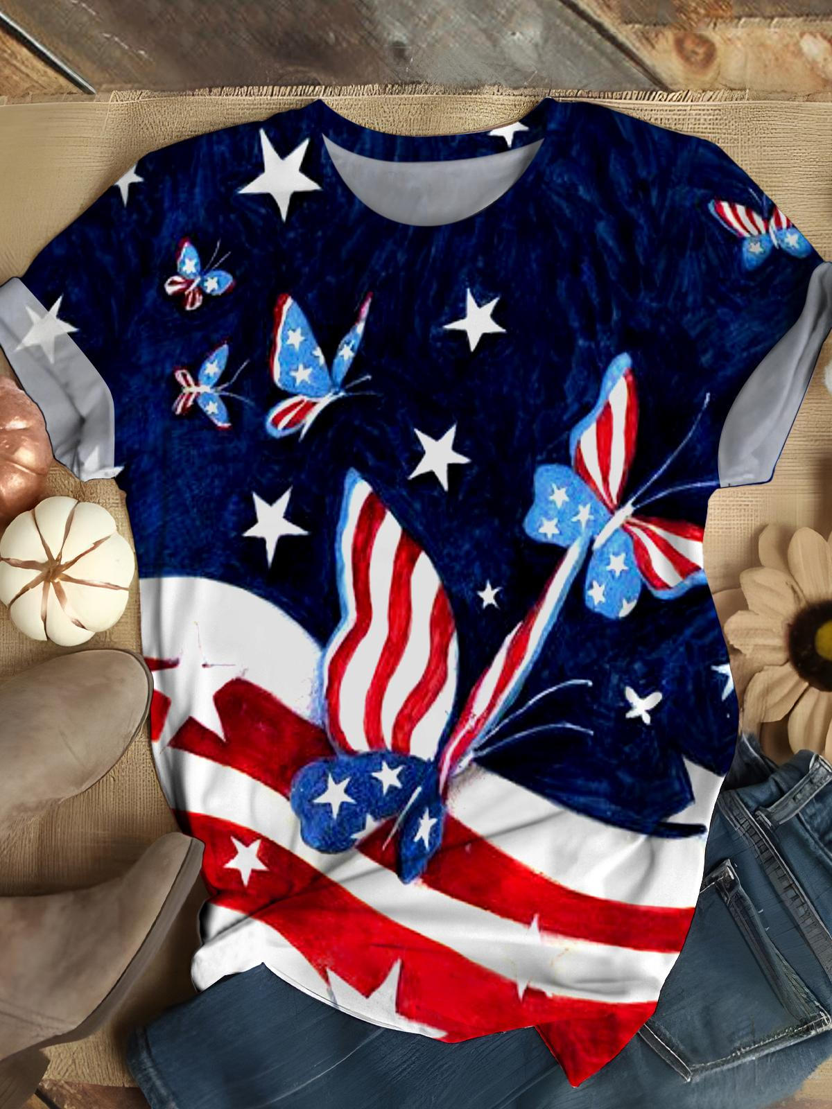 American Flag Independence Day Butterfly Crew Neck T-shirt