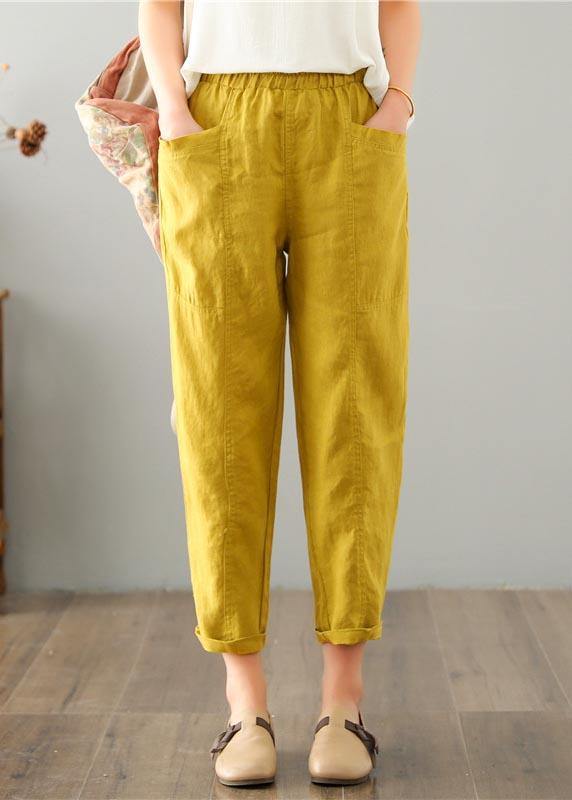 Natural Yellow Pockets Cotton Linen  Pants Summer